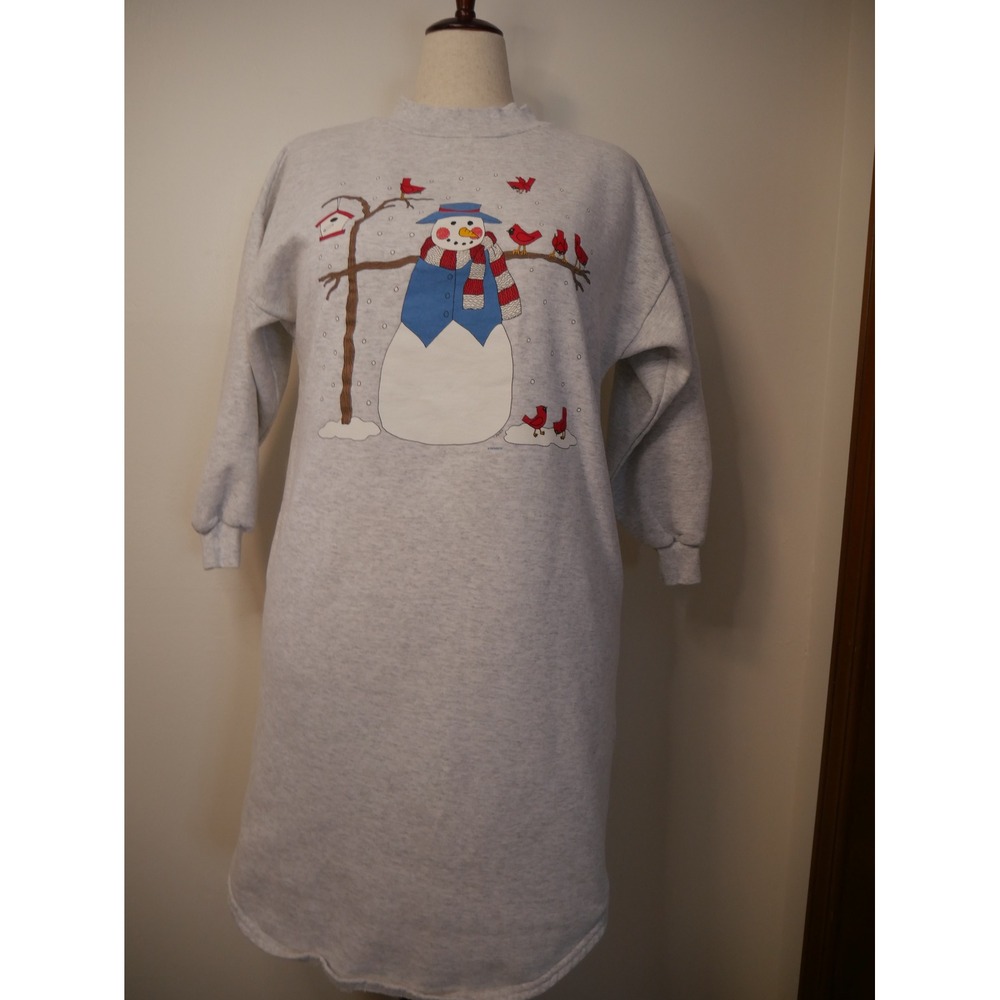 Vintage 90s Snowman Cardinal Graphic Sweatshirt Dress‎ Gray Size L